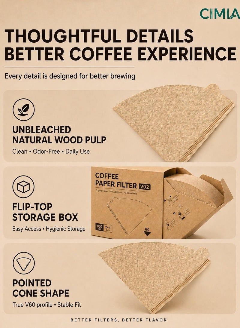 CIMIA 100pcs V60 coffee filters, suitable for pour-over coffee and drip coffee machines. Disposable filters with fine filtration, comes with a flip-top box. Perfect for home, office, or travel use. - Image 4