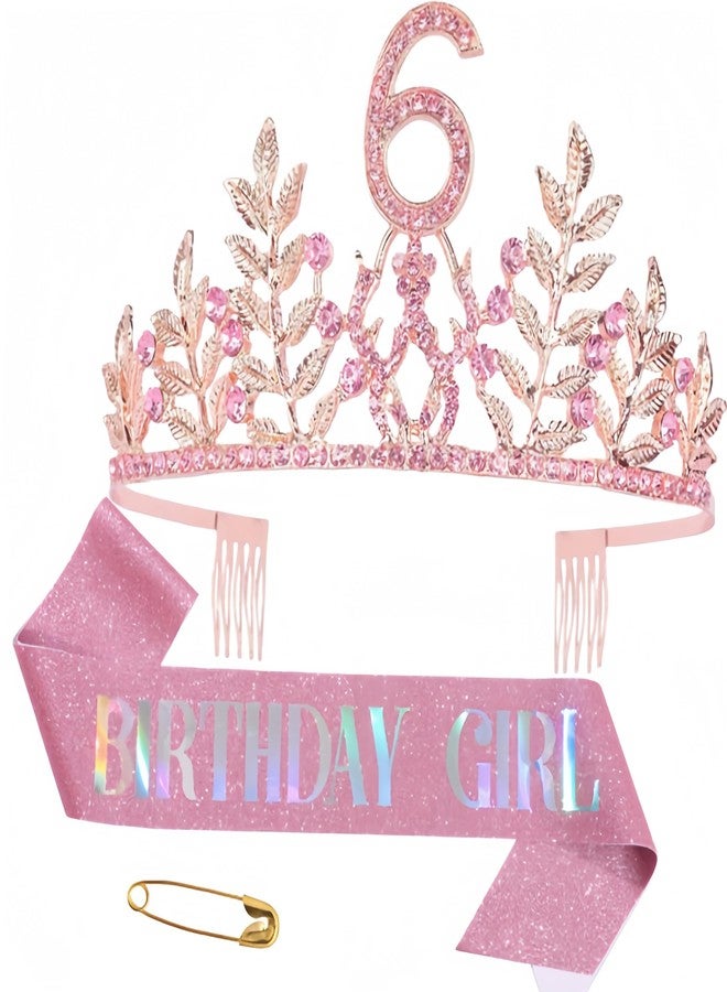 HPMAISON زينة عيد ميلادها السادس: تاج ووشاح عيد ميلاد سعيد، تاج ووشاح مرصع بأحجار الراين باللون الذهبي الوردي، غطاء رأس أميرة، زينة كعكة، إكسسوارات شعر، هدايا الحفلات - Image 1