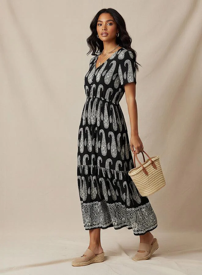 Splash FAV Paisley Print Tiered Women Dress with Short Sleeves