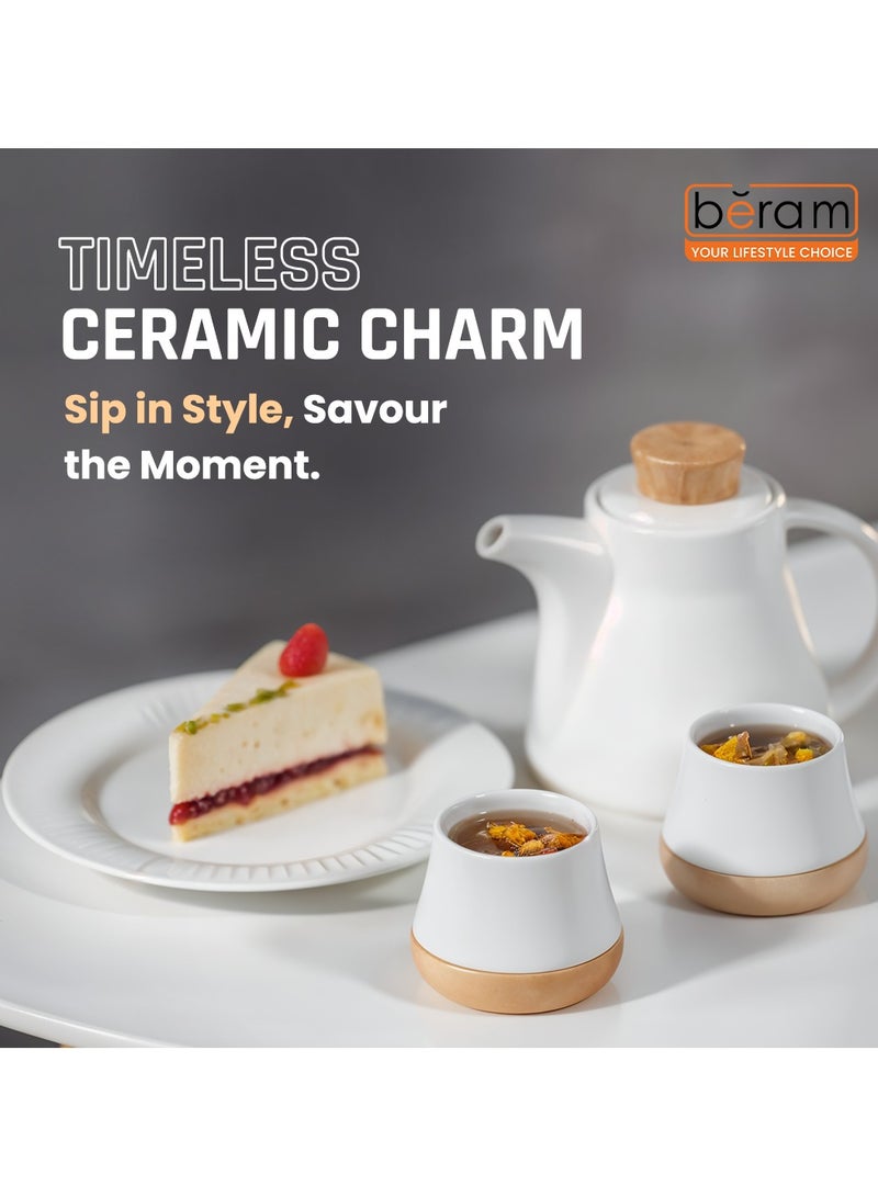 BERAM Ceramic Tea Set 6 Pieces Set Turkish Cups and Saucers Teapot with Removable Stainless Steel Infuser Includes Wooden Coasters Scratch Resistant Decorative Tea Set with Gift Packaging White - Image 3