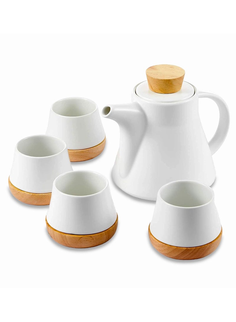 BERAM Ceramic Tea Set 6 Pieces Set Turkish Cups and Saucers Teapot with Removable Stainless Steel Infuser Includes Wooden Coasters Scratch Resistant Decorative Tea Set with Gift Packaging White - Image 1