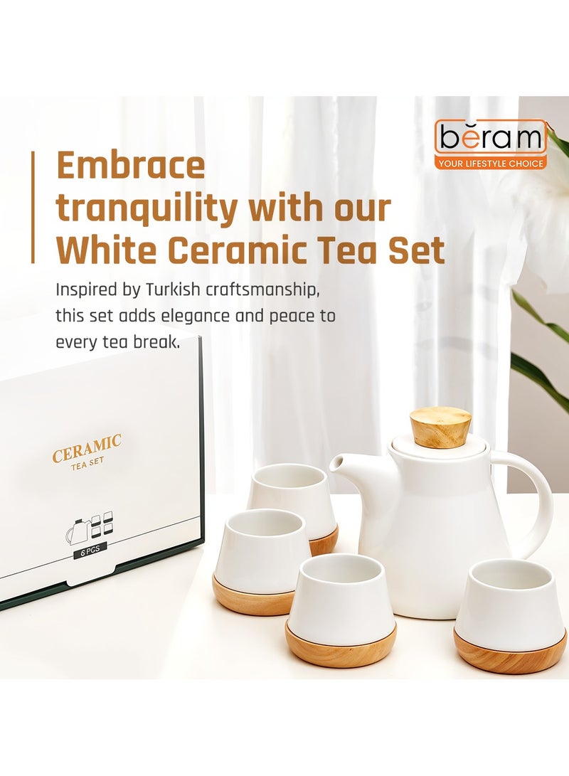 BERAM Ceramic Tea Set 6 Pieces Set Turkish Cups and Saucers Teapot with Removable Stainless Steel Infuser Includes Wooden Coasters Scratch Resistant Decorative Tea Set with Gift Packaging White - Image 2