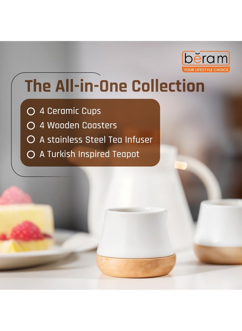 BERAM Ceramic Tea Set 6 Pieces Set Turkish Cups and Saucers Teapot with Removable Stainless Steel Infuser Includes Wooden Coasters Scratch Resistant Decorative Tea Set with Gift Packaging White - Image 4