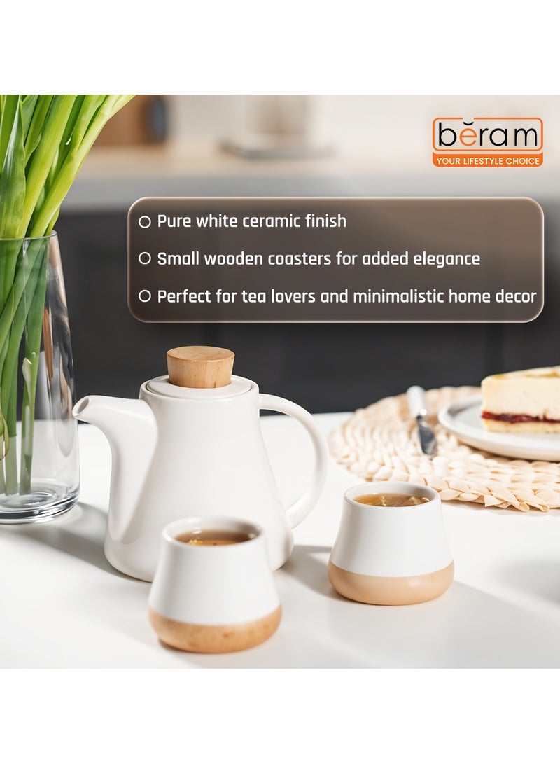BERAM Ceramic Tea Set 6 Pieces Set Turkish Cups and Saucers Teapot with Removable Stainless Steel Infuser Includes Wooden Coasters Scratch Resistant Decorative Tea Set with Gift Packaging White - Image 5