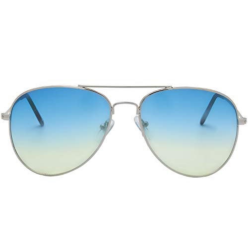 The Fresh Classic Metal Frame Oceanic Color Lens Aviator Sunglasses with Gift Box (Silver, Blue/Yellow) - Image 1