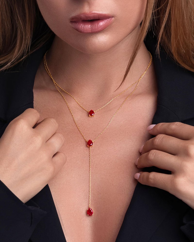 SNGIA Long 18K Gold Plated Blue Green Red Layered Pendant Necklace For Women (Emerald, Ruby, Seafoam, Sky, Sapphire, Pink), Dainty Birthstone Necklace, Statement Necklace Jewelry Gifts. - Image 4