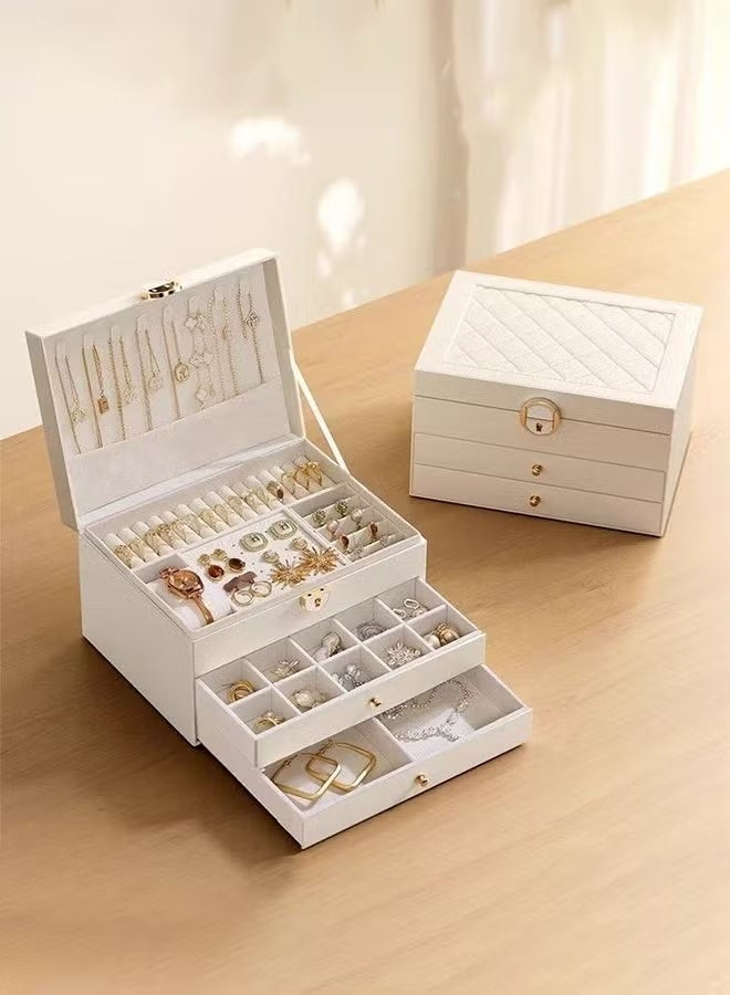 JUMEI White 3-Layer Jewelry Box Organizer for Women & Girls with Lock and Drawer – Portable Jewellery Storage Case with Removable Trays for Rings, Earrings, Necklaces, Bracelets & Sunglasses - Image 1