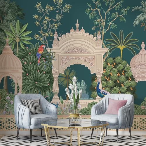 PAPER PLANE DESIGN Blue and Beige Vintage Exquisite Ethnic Wall Mural Wallpaper. Full Wall Coverage for Home. (Ds7) (6 X 8 FEET, Canvas Texture - Self Adhesive) - Image 1
