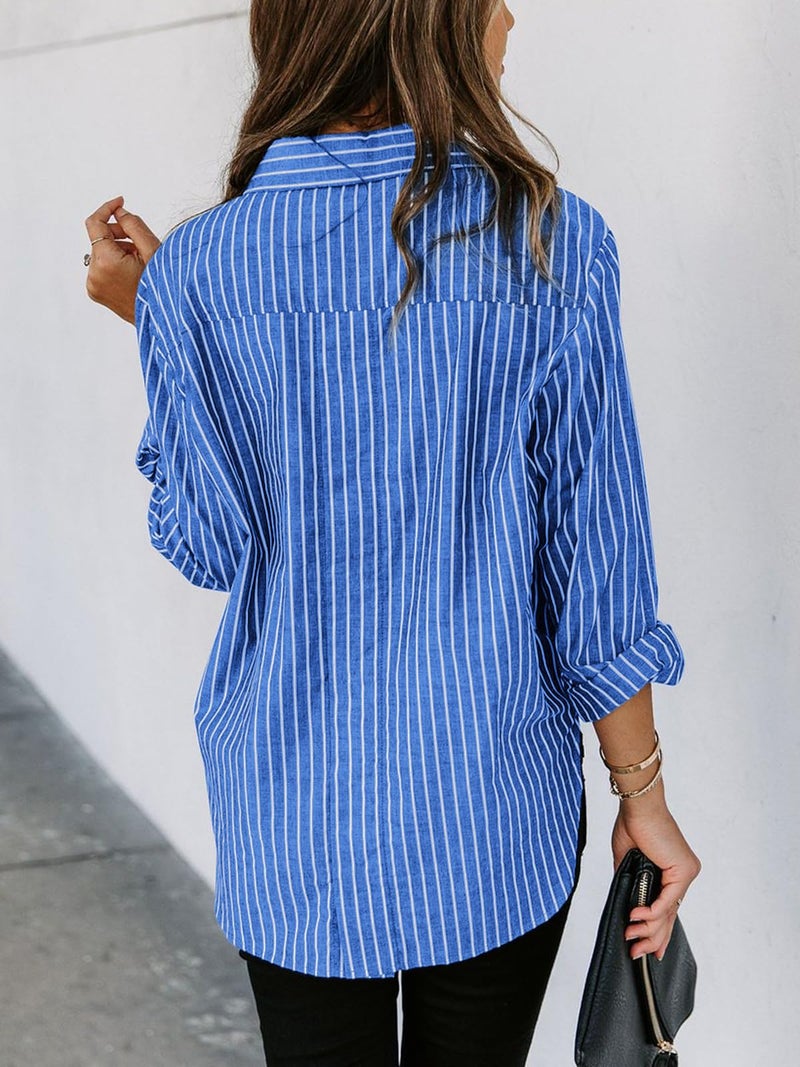 Aoudery Womens Button Down Shirts Cotton Striped Dress Shirt Long Sleeve Collared Office Work Pinstripes Blouses Tops-Blue Striped-Large - Image 2