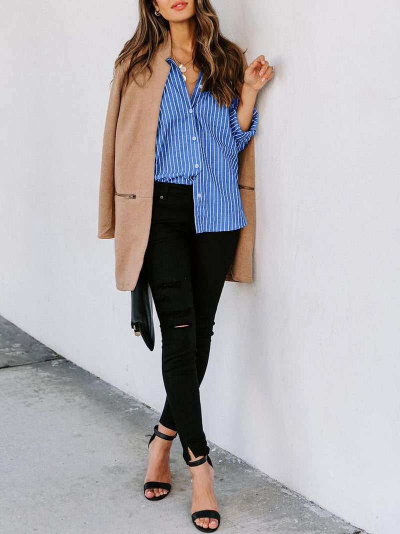 Aoudery Womens Button Down Shirts Cotton Striped Dress Shirt Long Sleeve Collared Office Work Pinstripes Blouses Tops-Blue Striped-Large - Image 5