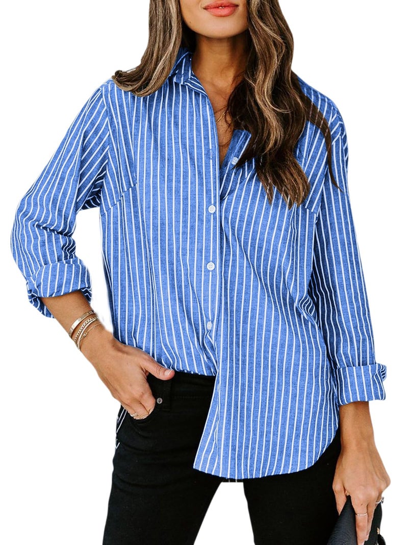 Aoudery Womens Button Down Shirts Cotton Striped Dress Shirt Long Sleeve Collared Office Work Pinstripes Blouses Tops-Blue Striped-Large - Image 1