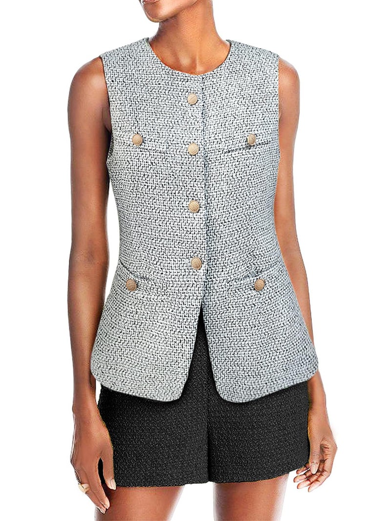 Mina Self Sleeveless Blazer Vest for Women Tweed 2025 Fall Long Lightweight Plus Size Oversized Vest Womens Outerwear Fashion Business Casual Work Womens Blazers Jackets Waistcoat WhiteBlack M