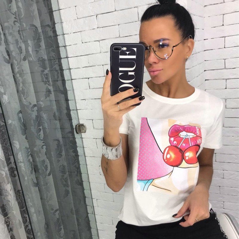 [Hair On The Day] T-Shirt Women'S New Cherry Printed Short-Sleeved Crewneck Wi - Image 2