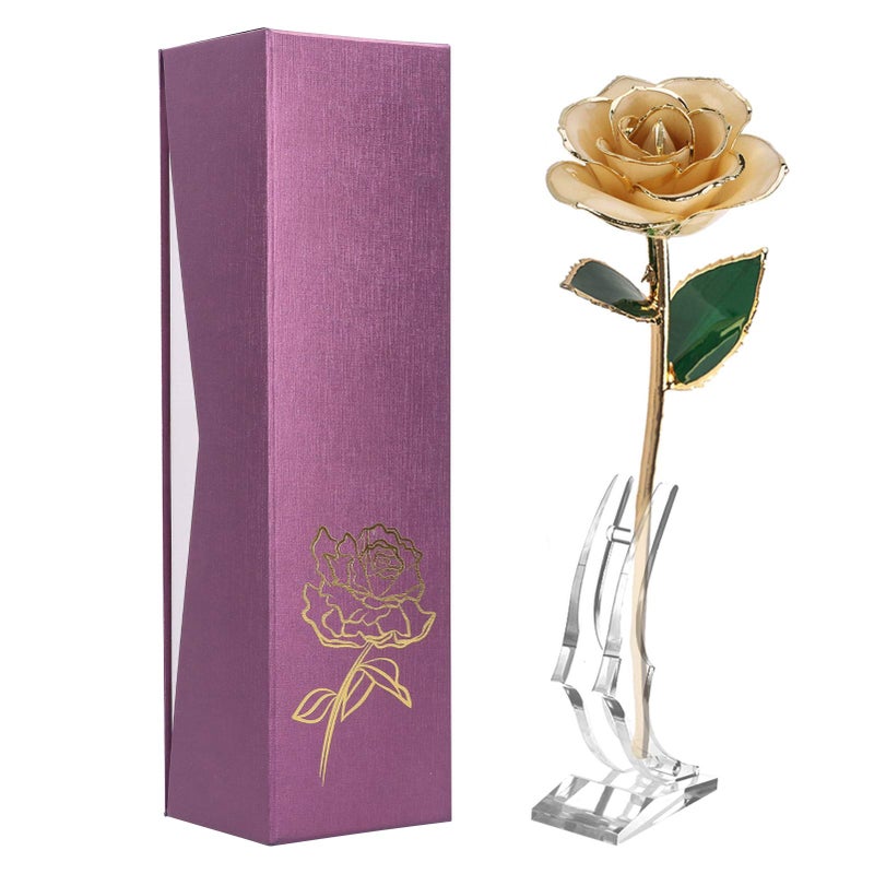Ejoyous Ejoyous 24k Gold Dipped White Rose Long Stem Forever Preserved Rose Flower  Gift for Her  Mom  Wife on Valentine's Day/Mothers Day/Christmas/Birthday/Anniversary/Wedding  - Image 1