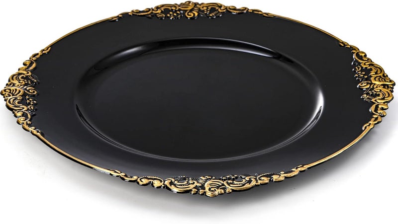 Okllen 12 Pack Plastic Round Charger Plates 13 Dinner Charger Dessert Plates with Gold Rim Vintage Charger Serving Plates for Catering Wedding Tabletop Decor Black Floral Trim - Image 3