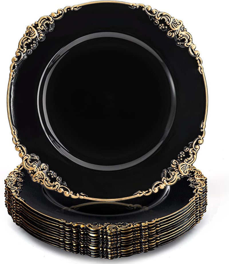 Okllen 12 Pack Plastic Round Charger Plates 13 Dinner Charger Dessert Plates with Gold Rim Vintage Charger Serving Plates for Catering Wedding Tabletop Decor Black Floral Trim - Image 1