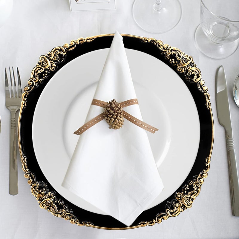 Okllen 12 Pack Plastic Round Charger Plates 13 Dinner Charger Dessert Plates with Gold Rim Vintage Charger Serving Plates for Catering Wedding Tabletop Decor Black Floral Trim - Image 4