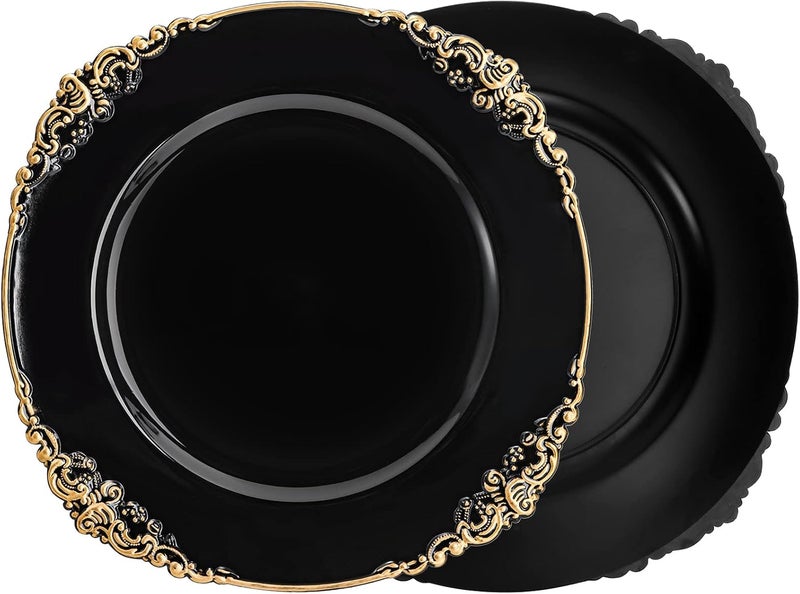 Okllen 12 Pack Plastic Round Charger Plates 13 Dinner Charger Dessert Plates with Gold Rim Vintage Charger Serving Plates for Catering Wedding Tabletop Decor Black Floral Trim - Image 5