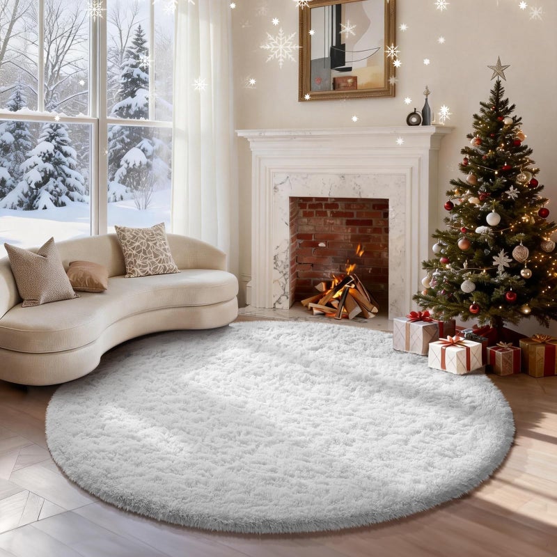 Ophanie Round Rug 5Ft White Circle Area Rug, Aesthetic Room Decor, Fluffy Fuzzy Bedroom Carpet, Plush Soft Shaggy Living Room Rugs for Kids Home Decor, Nursery - Image 1