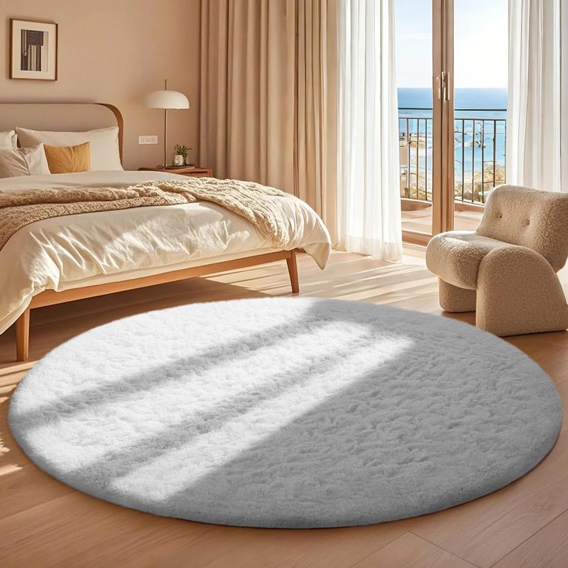 Ophanie Round Rug 5Ft White Circle Area Rug, Aesthetic Room Decor, Fluffy Fuzzy Bedroom Carpet, Plush Soft Shaggy Living Room Rugs for Kids Home Decor, Nursery - Image 5