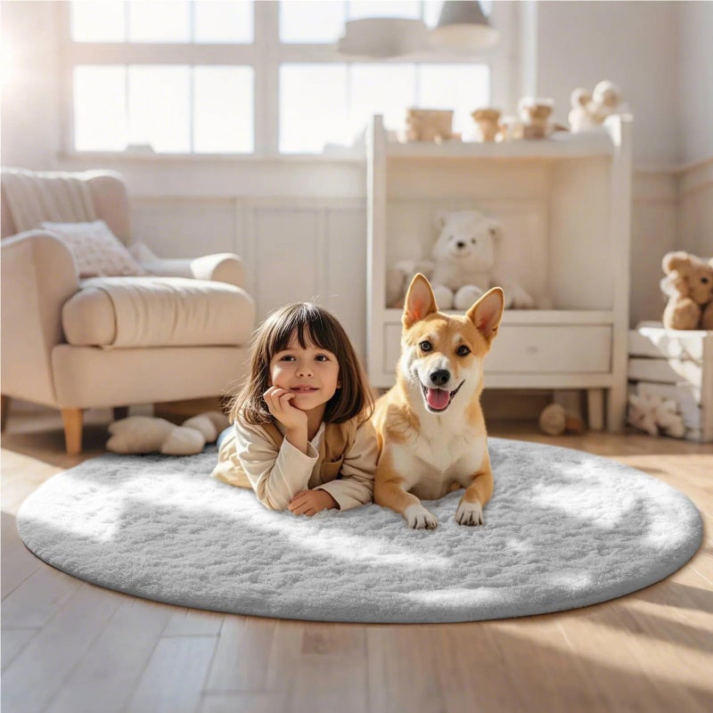 Ophanie Round Rug 5Ft White Circle Area Rug, Aesthetic Room Decor, Fluffy Fuzzy Bedroom Carpet, Plush Soft Shaggy Living Room Rugs for Kids Home Decor, Nursery - Image 3