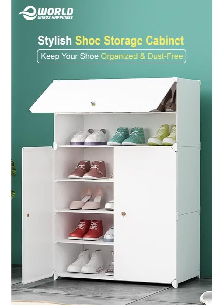 Eworld 6-Tier Plastic Shoe Organizer Rack with Doors | Free-Standing Shoe Storage Cabinet | 6 Shelves Large Capacity | Adjustable Waterproof Dust-Resistant Entryway Hallway Organizer - Image 1