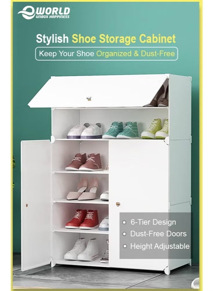 Eworld 6-Tier Plastic Shoe Organizer Rack with Doors | Free-Standing Shoe Storage Cabinet | 6 Shelves Large Capacity | Adjustable Waterproof Dust-Resistant Entryway Hallway Organizer - Image 3