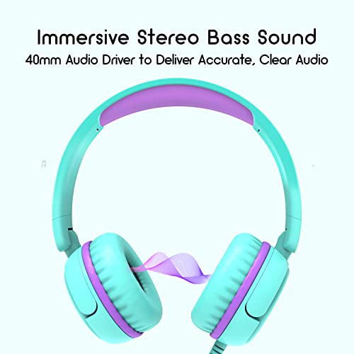 IMYB V1 Kids Headphones, Wired Stereo Foldable Tangle-Free 3.5mm Adjustable On-Ear Headphones for Kids for School/Toddlers/Childrens/Teens/Boys/Girls/Ipad/Tablet/Kindle/Phones/Travel/Plane (Green) - Image 3