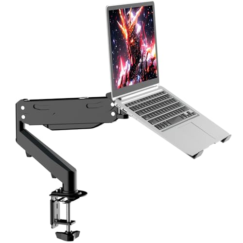 Pholiten 2 in 1 Laptop Desk Mount with Gas Spring Arm, Monitor Laptop Stand for 12-17 Inch Notebook and 13-32 Inch Computer Screen, Holds 22lbs, Full Motion with Vented Tray - Image 1