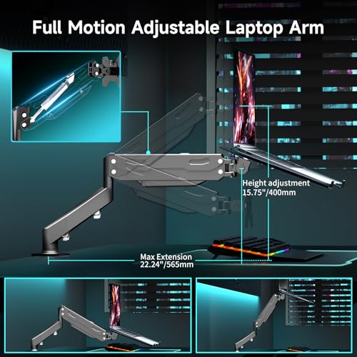Pholiten 2 in 1 Laptop Desk Mount with Gas Spring Arm, Monitor Laptop Stand for 12-17 Inch Notebook and 13-32 Inch Computer Screen, Holds 22lbs, Full Motion with Vented Tray - Image 4