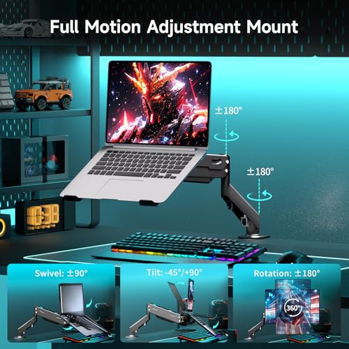 Pholiten 2 in 1 Laptop Desk Mount with Gas Spring Arm, Monitor Laptop Stand for 12-17 Inch Notebook and 13-32 Inch Computer Screen, Holds 22lbs, Full Motion with Vented Tray - Image 3