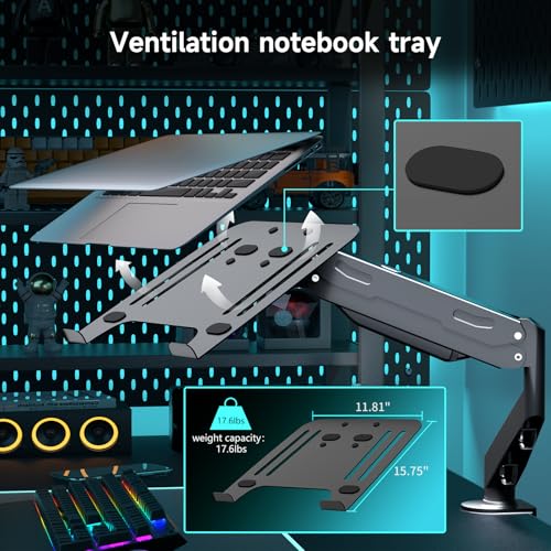 Pholiten 2 in 1 Laptop Desk Mount with Gas Spring Arm, Monitor Laptop Stand for 12-17 Inch Notebook and 13-32 Inch Computer Screen, Holds 22lbs, Full Motion with Vented Tray - Image 5