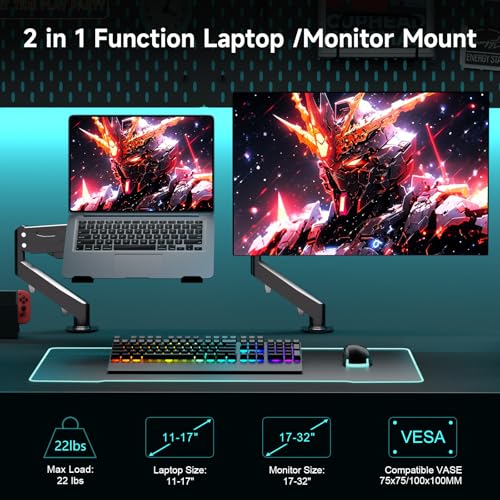 Pholiten 2 in 1 Laptop Desk Mount with Gas Spring Arm, Monitor Laptop Stand for 12-17 Inch Notebook and 13-32 Inch Computer Screen, Holds 22lbs, Full Motion with Vented Tray - Image 2