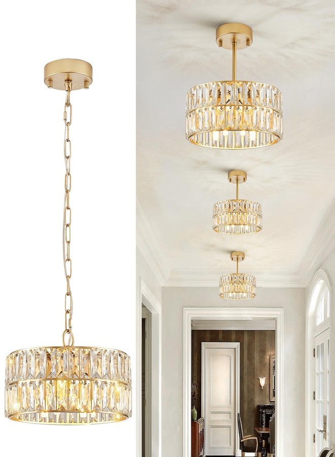 CATINER Gold Crystal Chandeliers, Modern Semi Flush Mount Chandelier 4-Ligh Drum Crystal Ceiling Pendant Light Fixture 12” for Foyer Entryway Kitchen Hallway Dining Room - Image 1