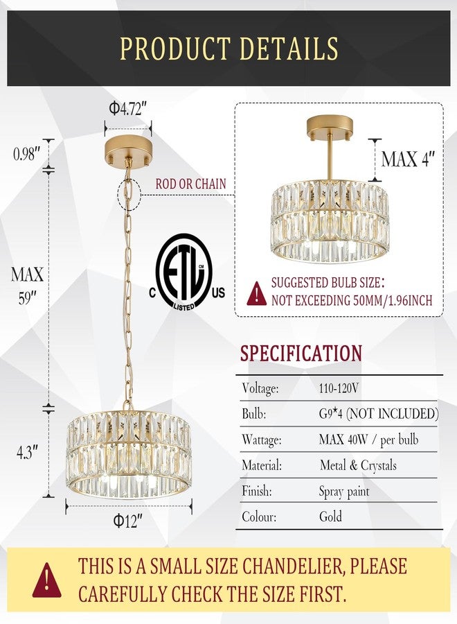 CATINER Gold Crystal Chandeliers, Modern Semi Flush Mount Chandelier 4-Ligh Drum Crystal Ceiling Pendant Light Fixture 12” for Foyer Entryway Kitchen Hallway Dining Room - Image 2