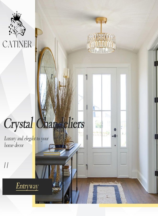 CATINER Gold Crystal Chandeliers, Modern Semi Flush Mount Chandelier 4-Ligh Drum Crystal Ceiling Pendant Light Fixture 12” for Foyer Entryway Kitchen Hallway Dining Room - Image 5