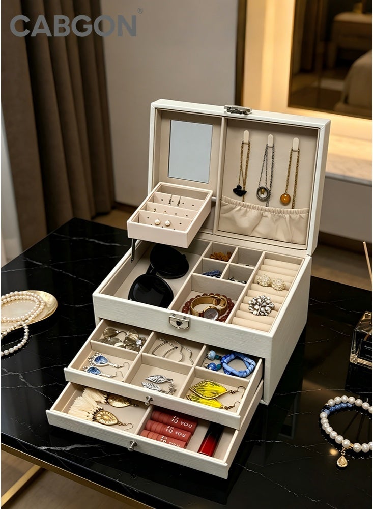 CABGON 3 Layer Large Jewellery Box with Lock & Mirror, White PU Leather Jewellery Organiser for Women Girls, Jewelry Storage Accessories Box for Earrings Rings Necklaces Bracelets - Image 1