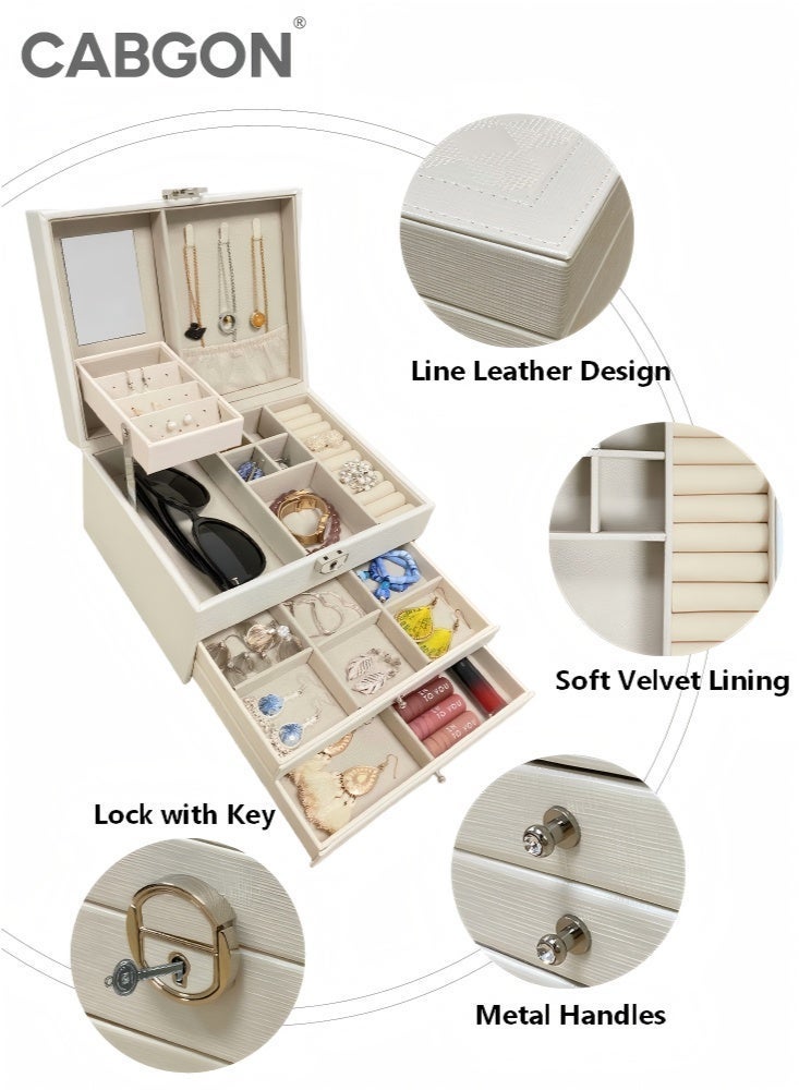 CABGON 3 Layer Large Jewellery Box with Lock & Mirror, White PU Leather Jewellery Organiser for Women Girls, Jewelry Storage Accessories Box for Earrings Rings Necklaces Bracelets - Image 4