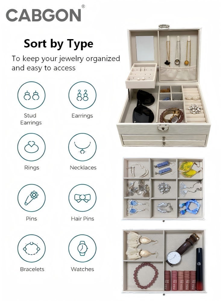 CABGON 3 Layer Large Jewellery Box with Lock & Mirror, White PU Leather Jewellery Organiser for Women Girls, Jewelry Storage Accessories Box for Earrings Rings Necklaces Bracelets - Image 3