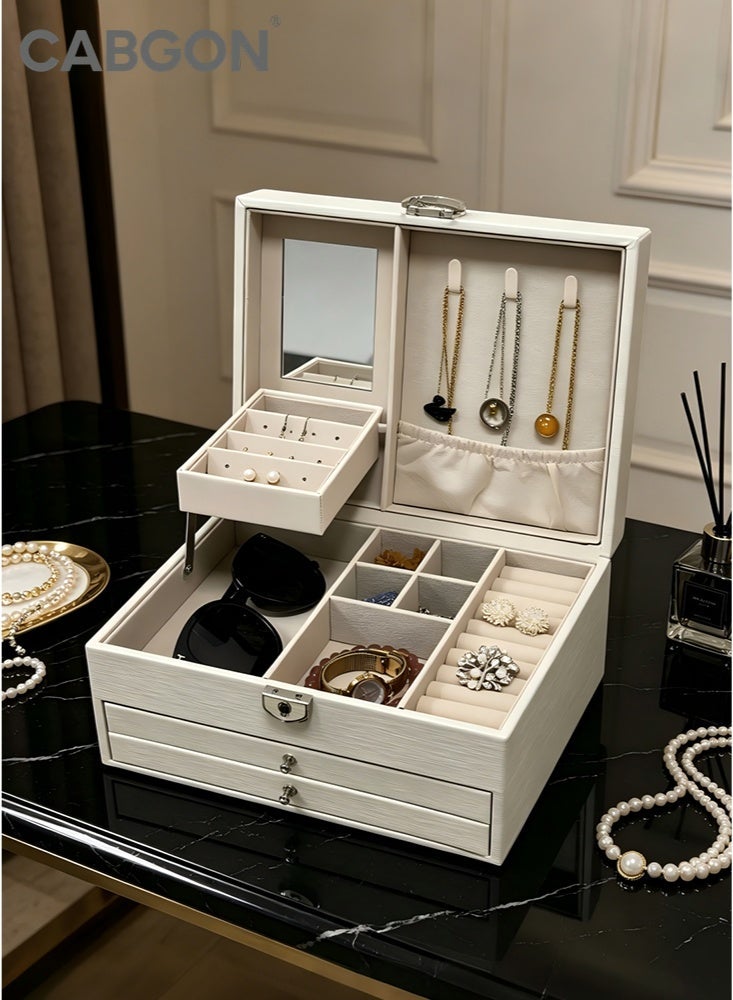 CABGON 3 Layer Large Jewellery Box with Lock & Mirror, White PU Leather Jewellery Organiser for Women Girls, Jewelry Storage Accessories Box for Earrings Rings Necklaces Bracelets - Image 2