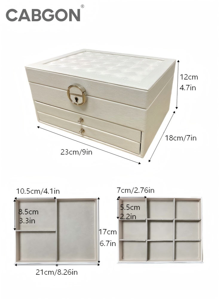 CABGON 3 Layer Large Jewellery Box with Lock & Mirror, White PU Leather Jewellery Organiser for Women Girls, Jewelry Storage Accessories Box for Earrings Rings Necklaces Bracelets - Image 5