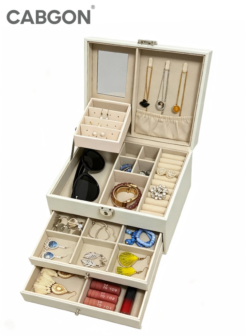 CABGON Large Lockable Jewelry Box, Multi-Tier PU Leather Jewelry Organizer with Mirror, Multi-Functional Jewelry Storage Box for Women Girls - Image 1