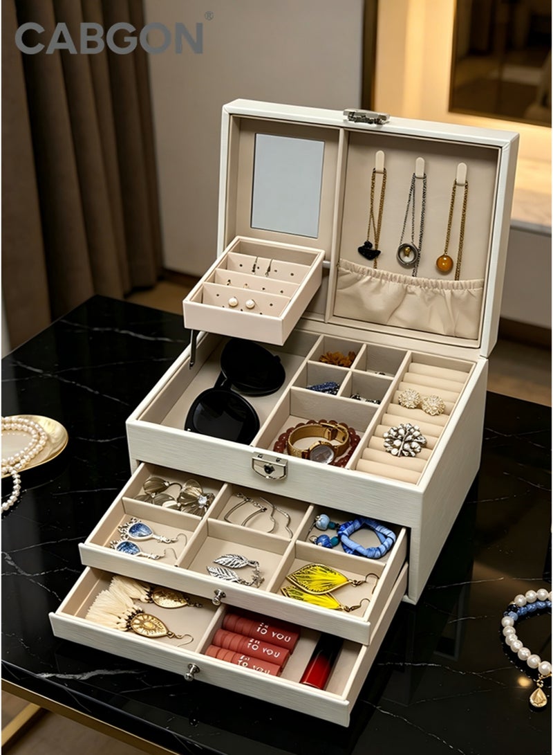 CABGON Large Lockable Jewelry Box, Multi-Tier PU Leather Jewelry Organizer with Mirror, Multi-Functional Jewelry Storage Box for Women Girls - Image 2