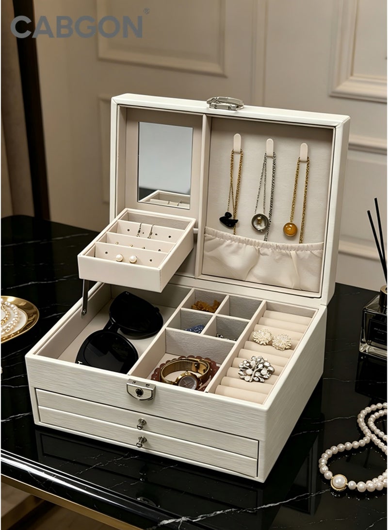 CABGON Large Lockable Jewelry Box, Multi-Tier PU Leather Jewelry Organizer with Mirror, Multi-Functional Jewelry Storage Box for Women Girls - Image 3