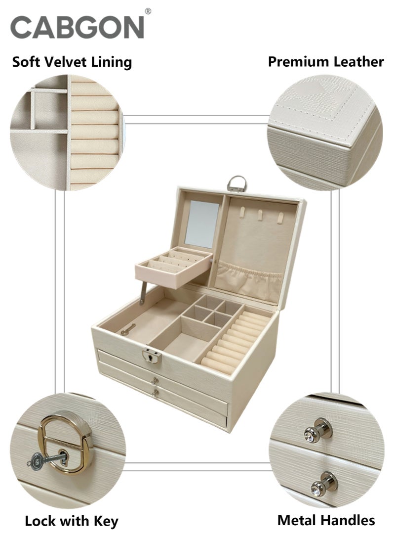 CABGON Large Lockable Jewelry Box, Multi-Tier PU Leather Jewelry Organizer with Mirror, Multi-Functional Jewelry Storage Box for Women Girls - Image 5