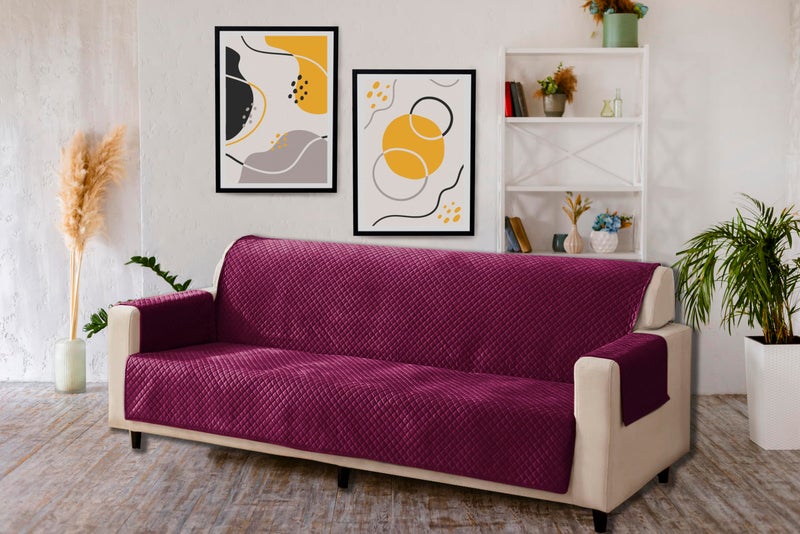 KINGLY Velvet Quilted Universal Elastic Sofa Cover Non-Slip Sofa Protector 4 Seater Armchair Cover with Machine Washable Adjustable Elastic Straps (4 Seater) (Mulberry Perple) - Image 4