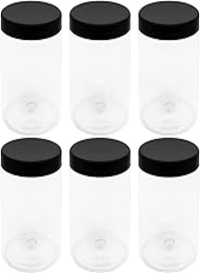 6 Pieces 700ml Clear White Plastic Jar - Diameter 9 Centi - Black Smooth Lid & Plastic Medicine - High Quality and Healthy Plastic Void Refill Jar Storage Cans Empty Cans - By Funoni (Black)