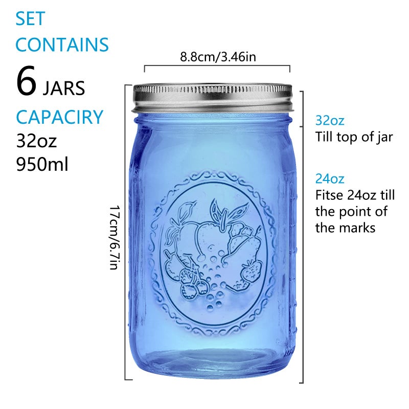 eleganttime Blue Wide Mouth Mason Jars 32 oz,6 Pack Colored Quart Glass Canning Jars with Airtight Lids for Canning,Pickling,Storage,DIY Crafts & DÃ©cor - Image 2