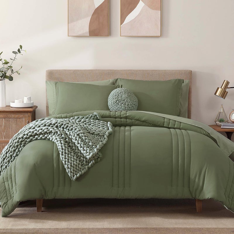 Monbix King Size Comforter Set - 7 Pieces Bed in a Bag King, Light Sage Green Bedding Sets with Comforter, All Seasons Comforter Bed Set with Sheets, Pillowcases & Shams - Image 1