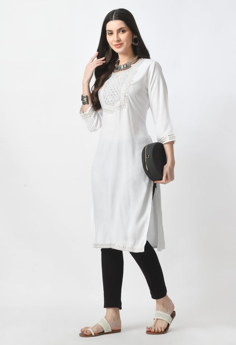 LIBOZA Store LIBOZA Kurta for Women – Embroidered Ladies Kurti, Stylish Girls Top, Ethnic Full Kurtas, Straight Design Kurtis for Woman White - Image 4